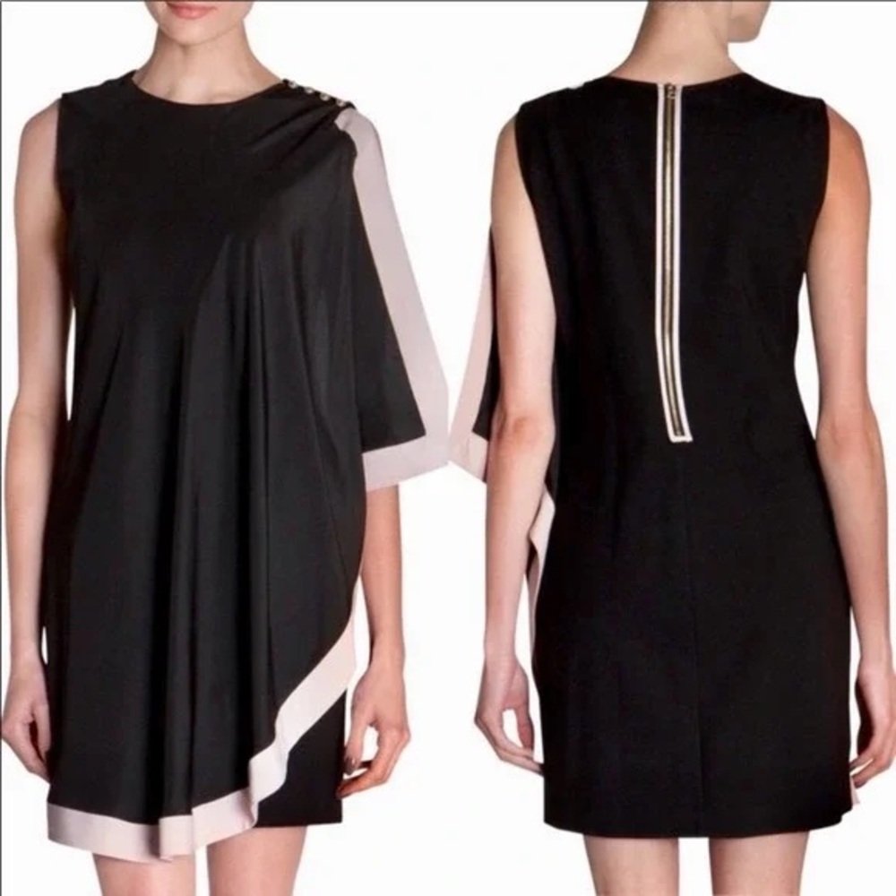 Ted Baker Black One-Shoulder Draped Dress with Cream Trim